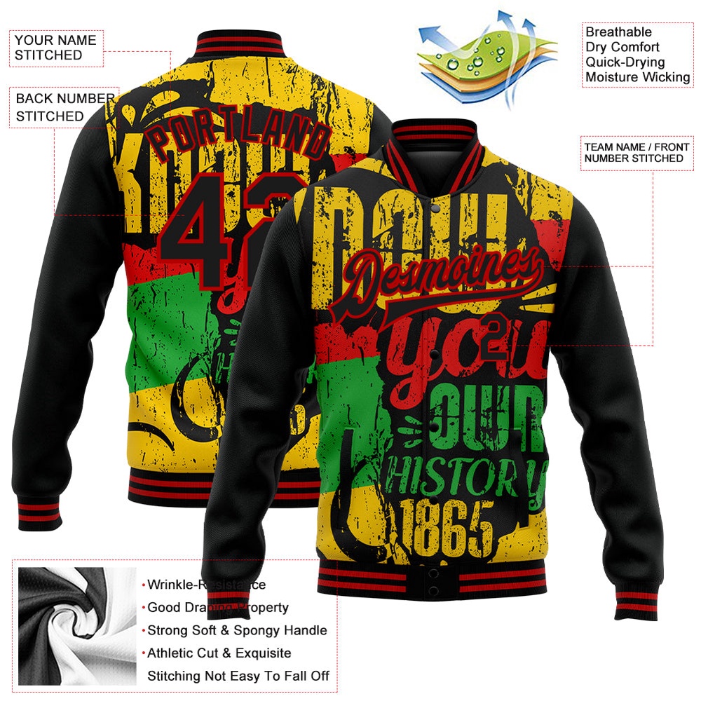Custom Black Red Gold Kelly Green Black History Month 3D Pattern Design Bomber Full Snap Baseball Jacket, Custom Team Jacket