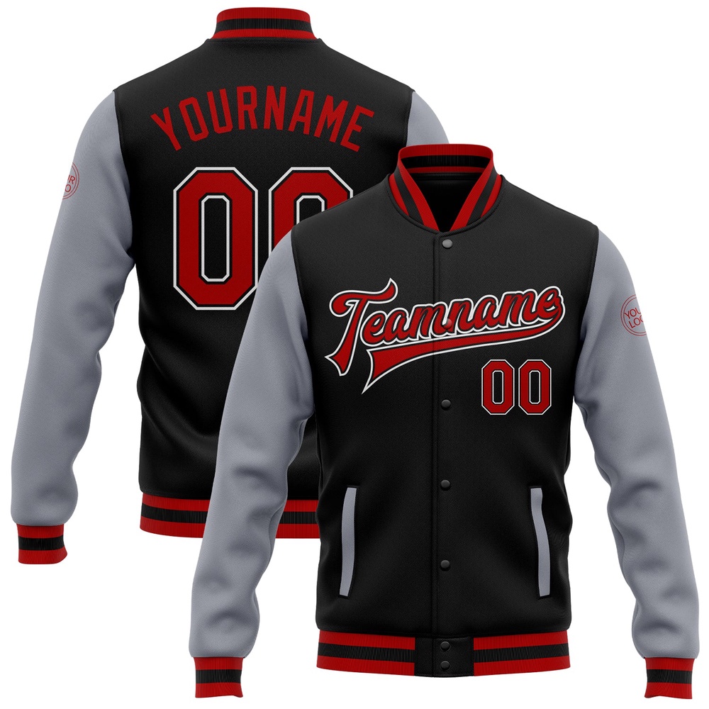 Custom Black Red Gray Bomber Full Snap Varsity Baseball Jacket, Custom Team Jacket Custom Black Red Gray Bomber Full Snap Varsity Baseball Jacket, Custom Team Jacket