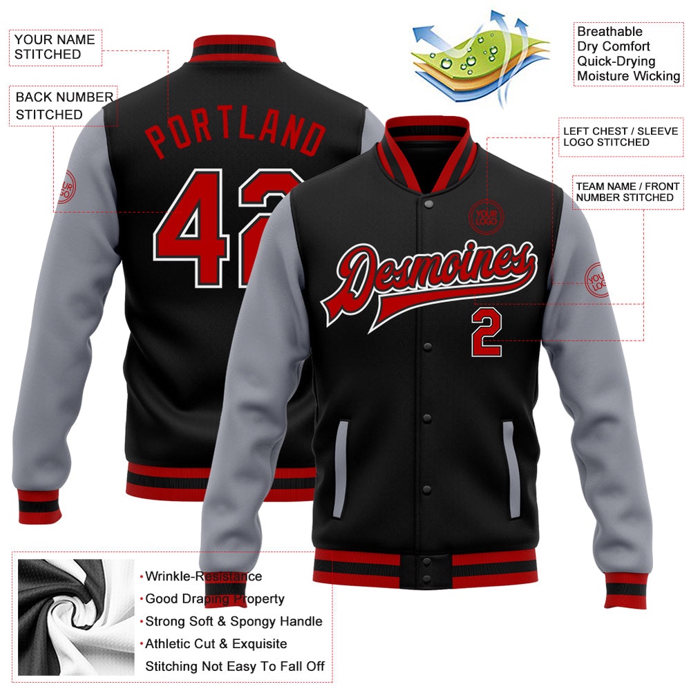 Custom Black Red Gray Bomber Full Snap Varsity Baseball Jacket, Custom Team Jacket Custom Black Red Gray Bomber Full Snap Varsity Baseball Jacket, Custom Team Jacket