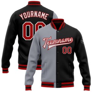 Custom Black Red Gray Bomber Full Snap&hellip;