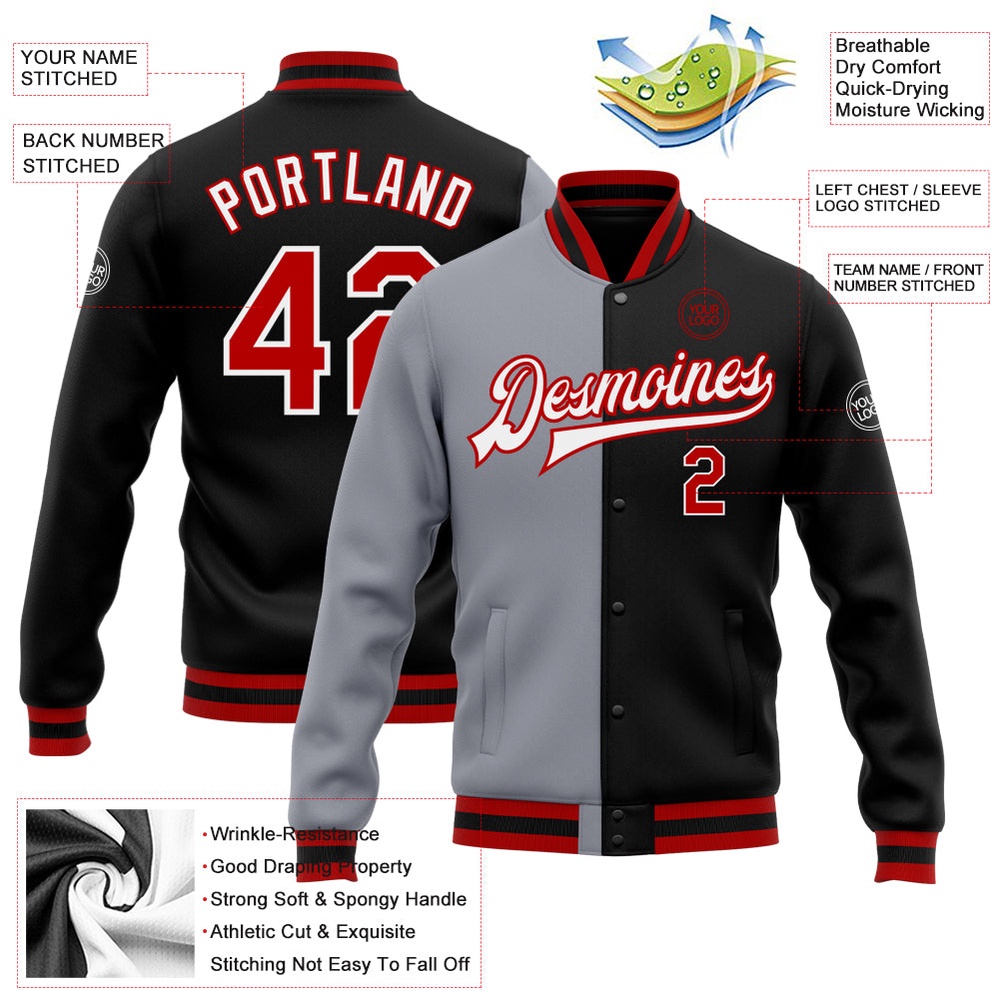 Custom Black Red Gray Bomber Full Snap Varsity Letterman Split Fashion Jacket, Custom Team Jacket Custom Black Red Gray Bomber Full Snap Varsity Letterman Split Fashion Jacket, Custom Team Jacket