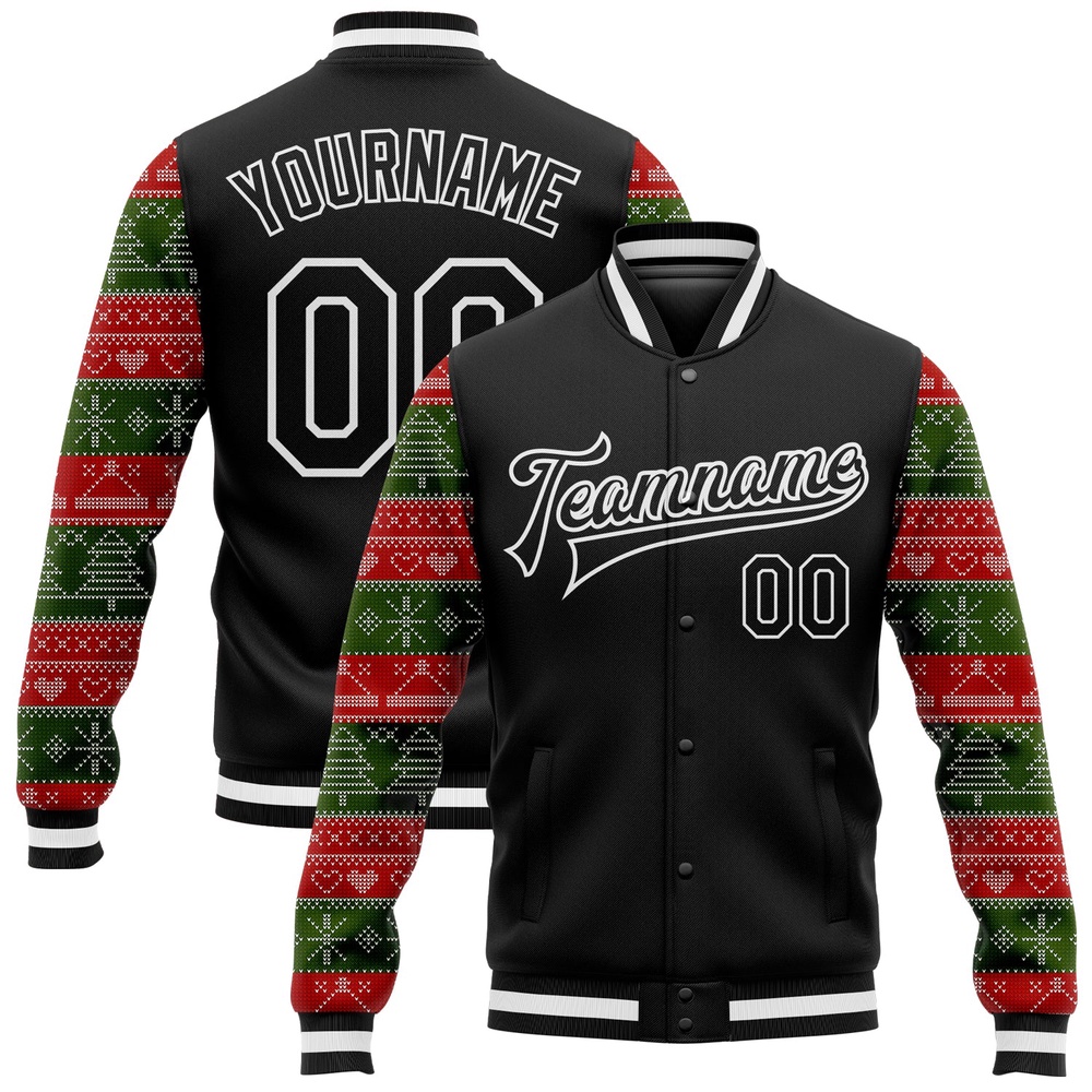Custom Black Red Green Christmas 3D Bomber Full Snap Baseball Jacket, Custom Team Jacket Custom Black Red Green Christmas 3D Bomber Full Snap Baseball Jacket, Custom Team Jacket