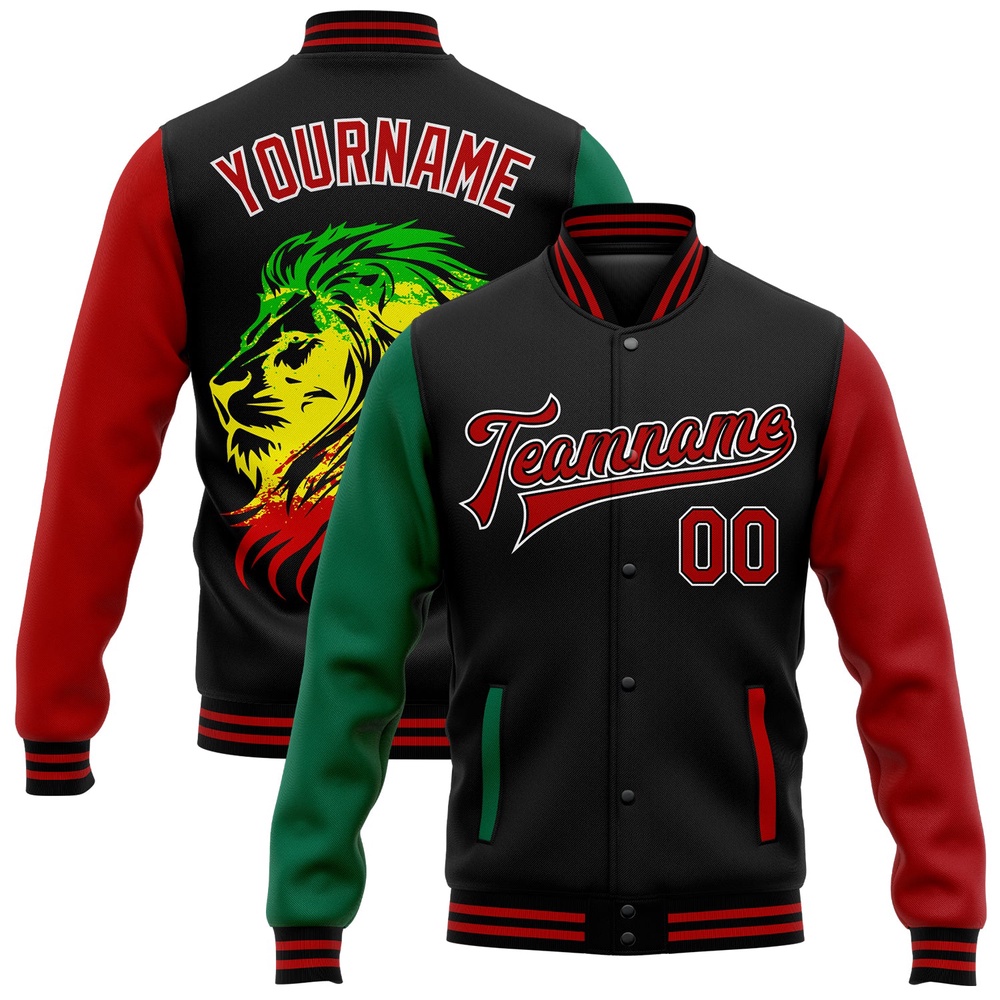 Custom Black Red Kelly Green Black History Month Lion 3D Pattern Design Bomber Full Snap Baseball Jacket, Custom Team Jacket Custom Black Red Kelly Green Black History Month Lion 3D Pattern Design Bomber Full Snap Baseball Jacket, Custom Team Jacket