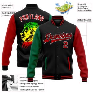 Custom Black Red Kelly Green Black History Month Lion 3D Pattern Design Bomber Full Snap Baseball Jacket Custom Team Jacket 2 bbupbg.jpg