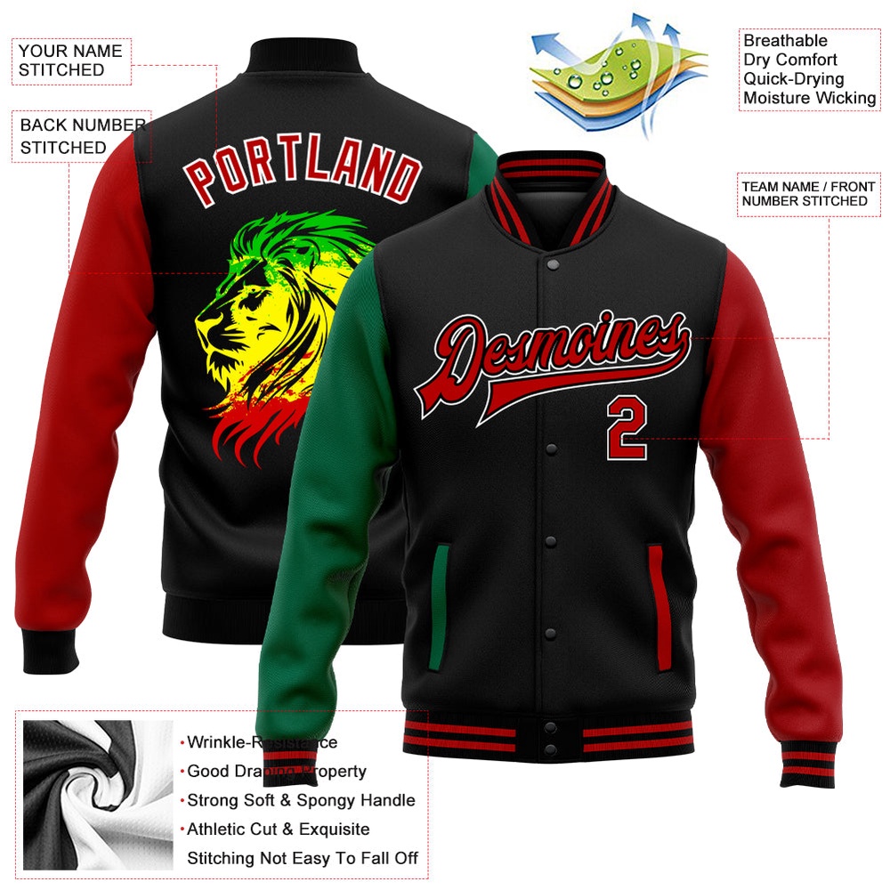 Custom Black Red Kelly Green Black History Month Lion 3D Pattern Design Bomber Full Snap Baseball Jacket, Custom Team Jacket Custom Black Red Kelly Green Black History Month Lion 3D Pattern Design Bomber Full Snap Baseball Jacket, Custom Team Jacket