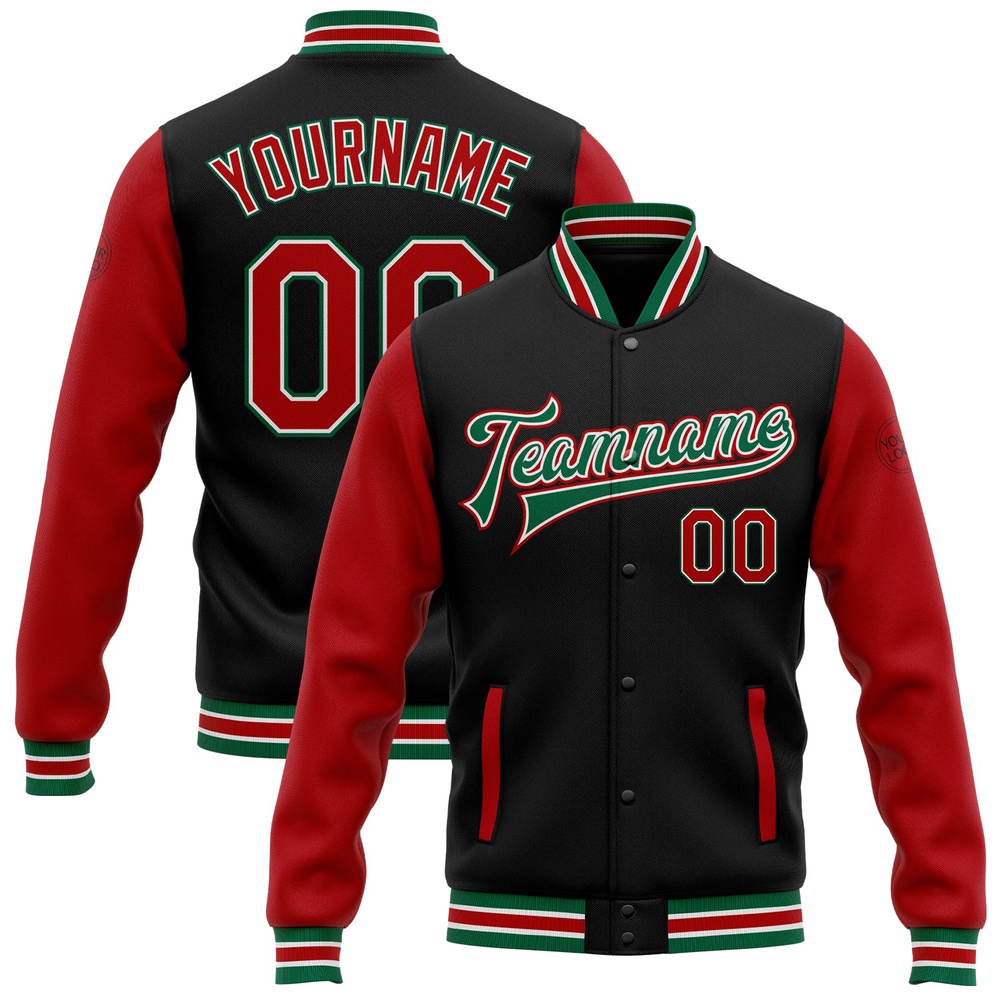 Custom Black Red Kelly Green Bomber Full Snap Varsity Baseball Jacket, Custom Team Jacket Custom Black Red Kelly Green Bomber Full Snap Varsity Baseball Jacket, Custom Team Jacket