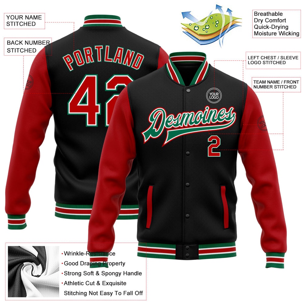 Custom Black Red Kelly Green Bomber Full Snap Varsity Baseball Jacket, Custom Team Jacket Custom Black Red Kelly Green Bomber Full Snap Varsity Baseball Jacket, Custom Team Jacket