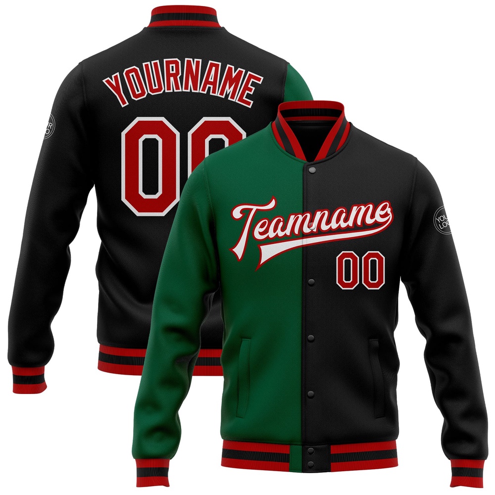 Custom Black Red Kelly Green Bomber Full Snap Varsity Letterman Split Fashion Jacket, Custom Team Jacket Custom Black Red Kelly Green Bomber Full Snap Varsity Letterman Split Fashion Jacket, Custom Team Jacket