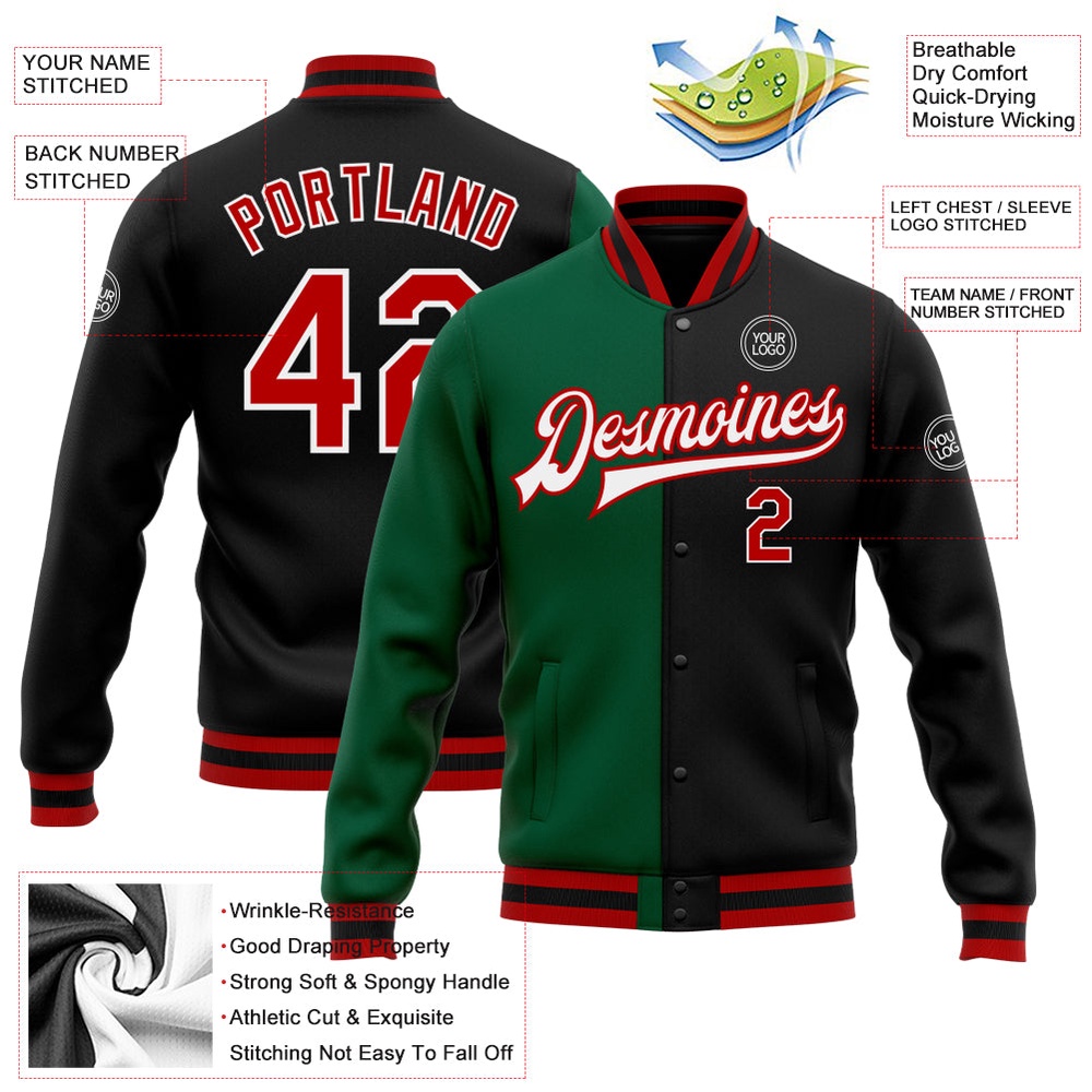 Custom Black Red Kelly Green Bomber Full Snap Varsity Letterman Split Fashion Jacket, Custom Team Jacket Custom Black Red Kelly Green Bomber Full Snap Varsity Letterman Split Fashion Jacket, Custom Team Jacket