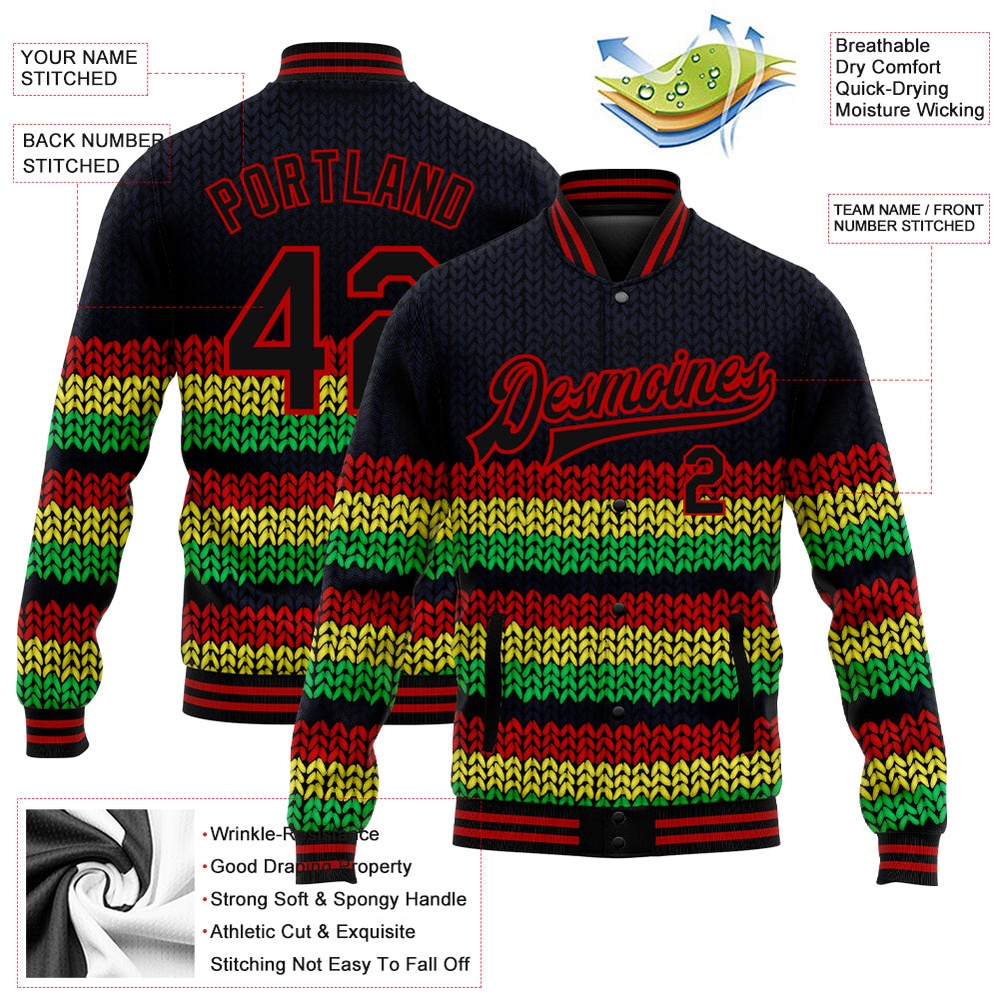 Custom Black Red Kelly Green Gold Black History Month 3D Pattern Design Bomber Full Snap Baseball Jacket, Custom Team Jacket Custom Black Red Kelly Green Gold Black History Month 3D Pattern Design Bomber Full Snap Baseball Jacket, Custom Team Jacket