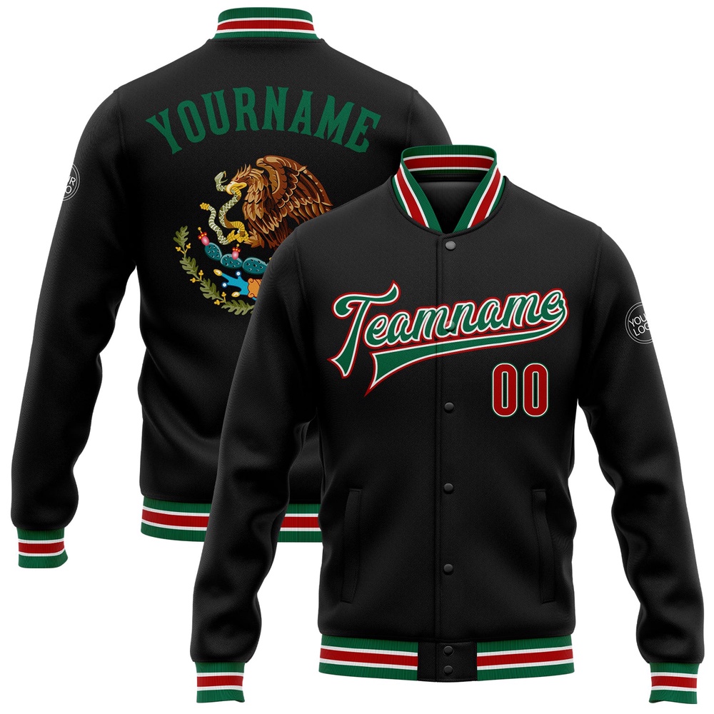 Custom Black Red Kelly Green Mexico 3D Bomber Full Snap Baseball Jacket, Custom Team Jacket Custom Black Red Kelly Green Mexico 3D Bomber Full Snap Baseball Jacket, Custom Team Jacket
