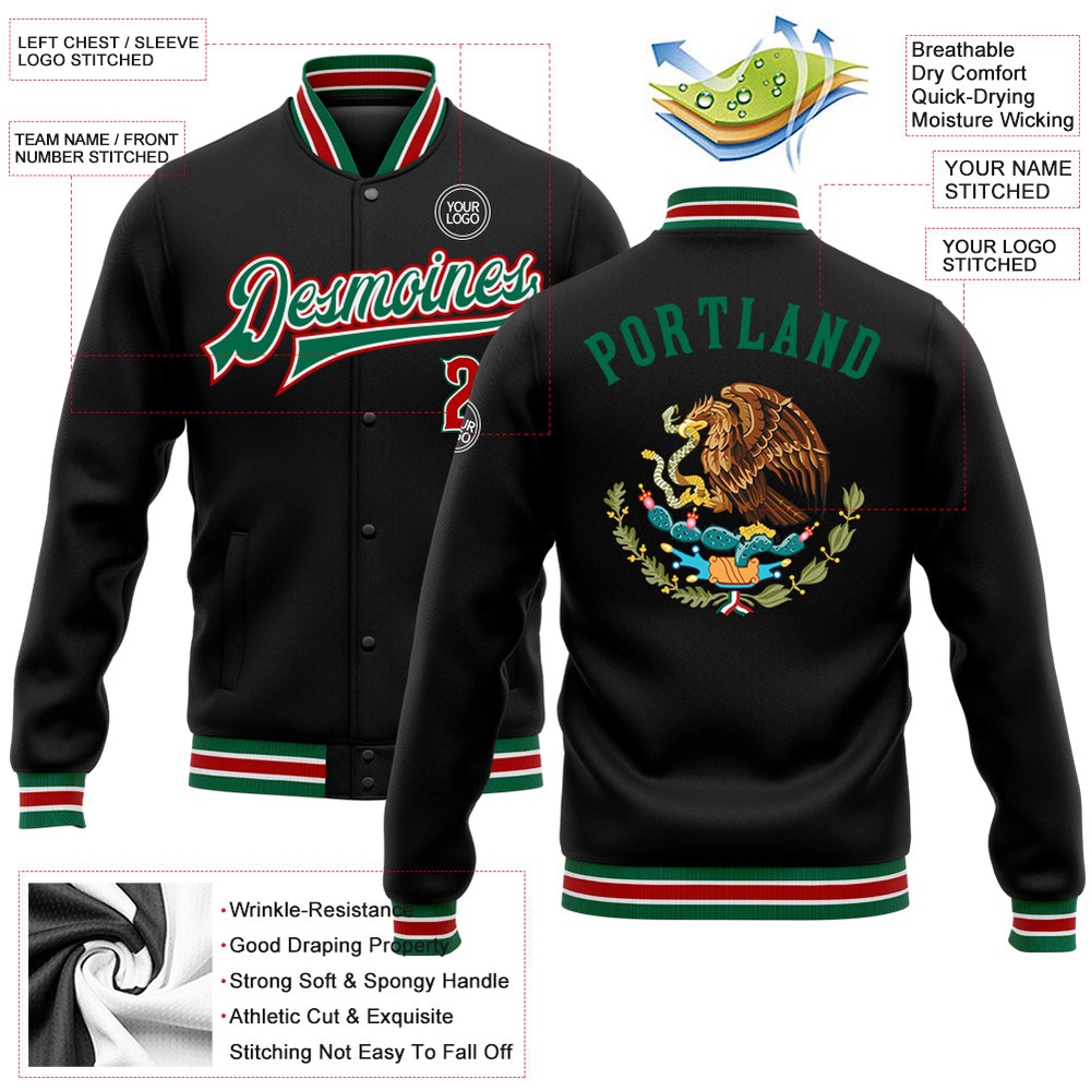 Custom Black Red Kelly Green Mexico 3D Bomber Full Snap Baseball Jacket, Custom Team Jacket Custom Black Red Kelly Green Mexico 3D Bomber Full Snap Baseball Jacket, Custom Team Jacket