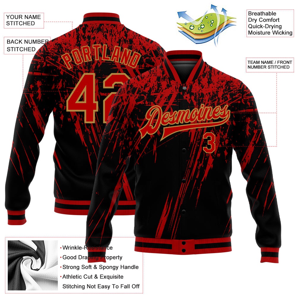 Custom Black Red Old Gold 3D Pattern Design Bomber Full Snap Baseball Jacket, Custom Team Jacket Custom Black Red Old Gold 3D Pattern Design Bomber Full Snap Baseball Jacket, Custom Team Jacket