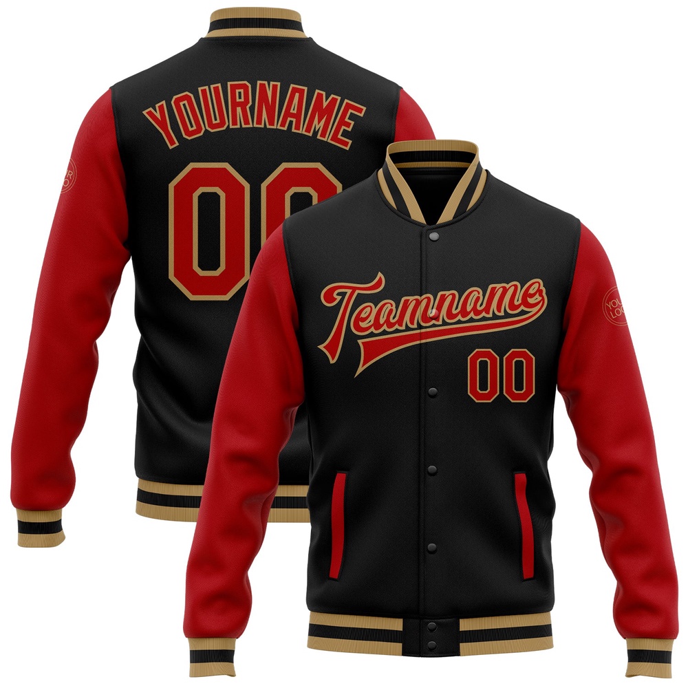 Custom Black Red Old Gold Bomber Full Snap Varsity Baseball Jacket, Custom Team Jacket Custom Black Red Old Gold Bomber Full Snap Varsity Baseball Jacket, Custom Team Jacket