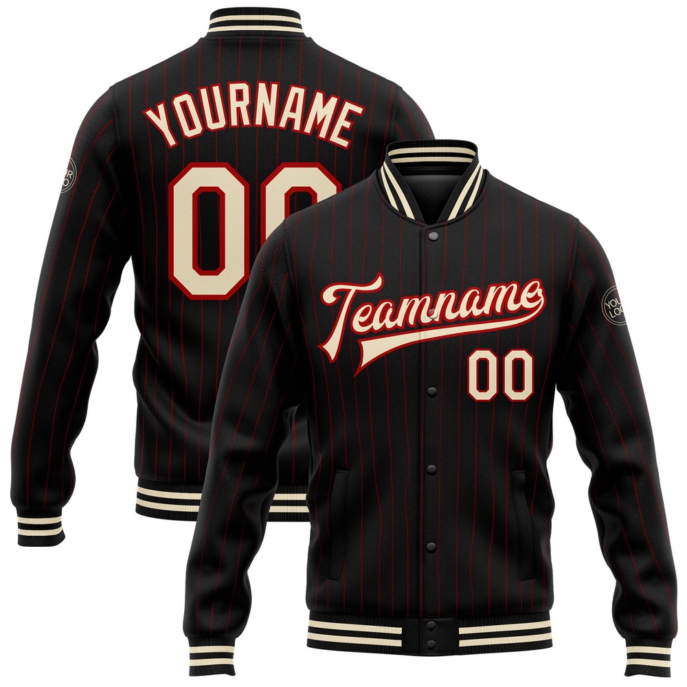Custom Black Red Pinstripe Cream Bomber Full Snap Baseball Jacket, Custom Team Jacket Custom Black Red Pinstripe Cream Bomber Full Snap Baseball Jacket, Custom Team Jacket