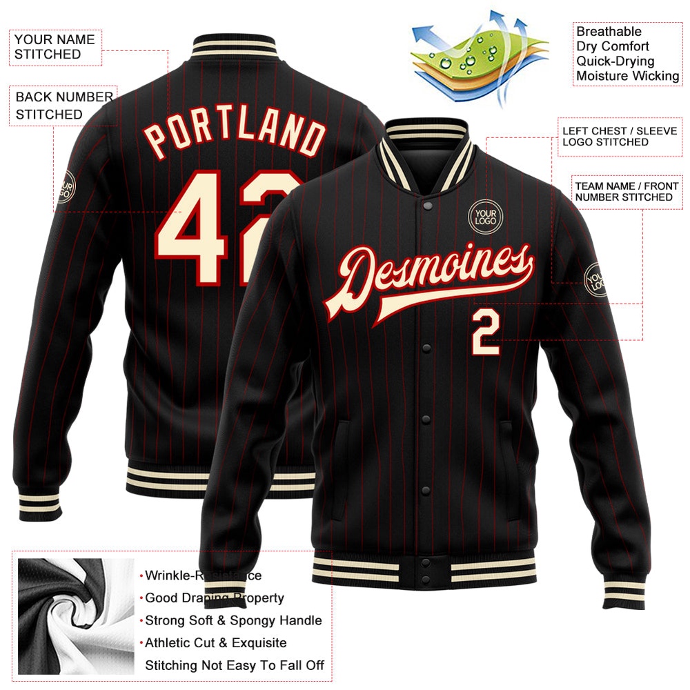 Custom Black Red Pinstripe Cream Bomber Full Snap Baseball Jacket, Custom Team Jacket Custom Black Red Pinstripe Cream Bomber Full Snap Baseball Jacket, Custom Team Jacket