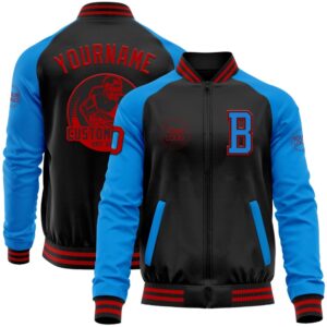 Custom Black Red Powder Blue Bomber Varsity&hellip;