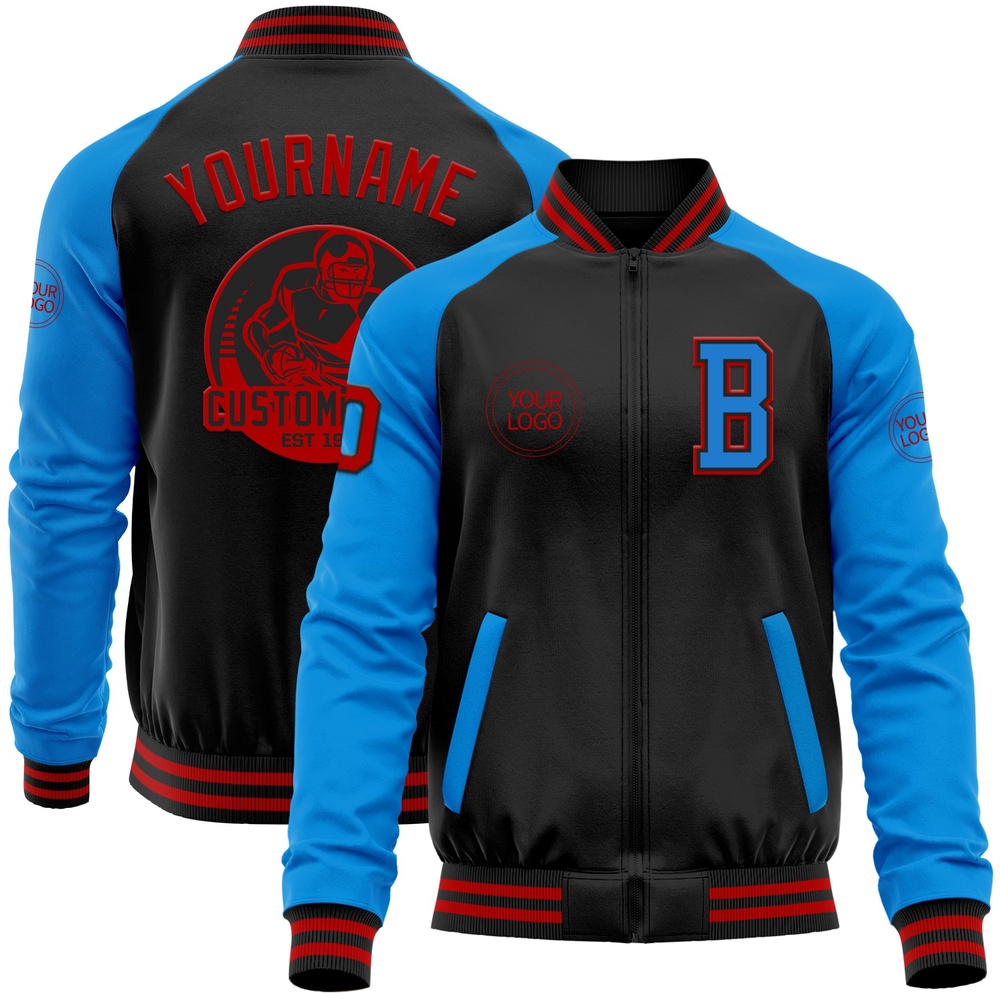 Custom Black Red Powder Blue Bomber Varsity Baseball Jacket, Custom Team Jacket Custom Black Red Powder Blue Bomber Varsity Baseball Jacket, Custom Team Jacket