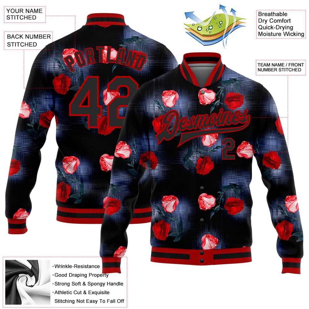 Custom Black Red Rose 3D Pattern Design Bomber Full Snap Baseball Jacket, Custom Team Jacket Custom Black Red Rose 3D Pattern Design Bomber Full Snap Baseball Jacket, Custom Team Jacket