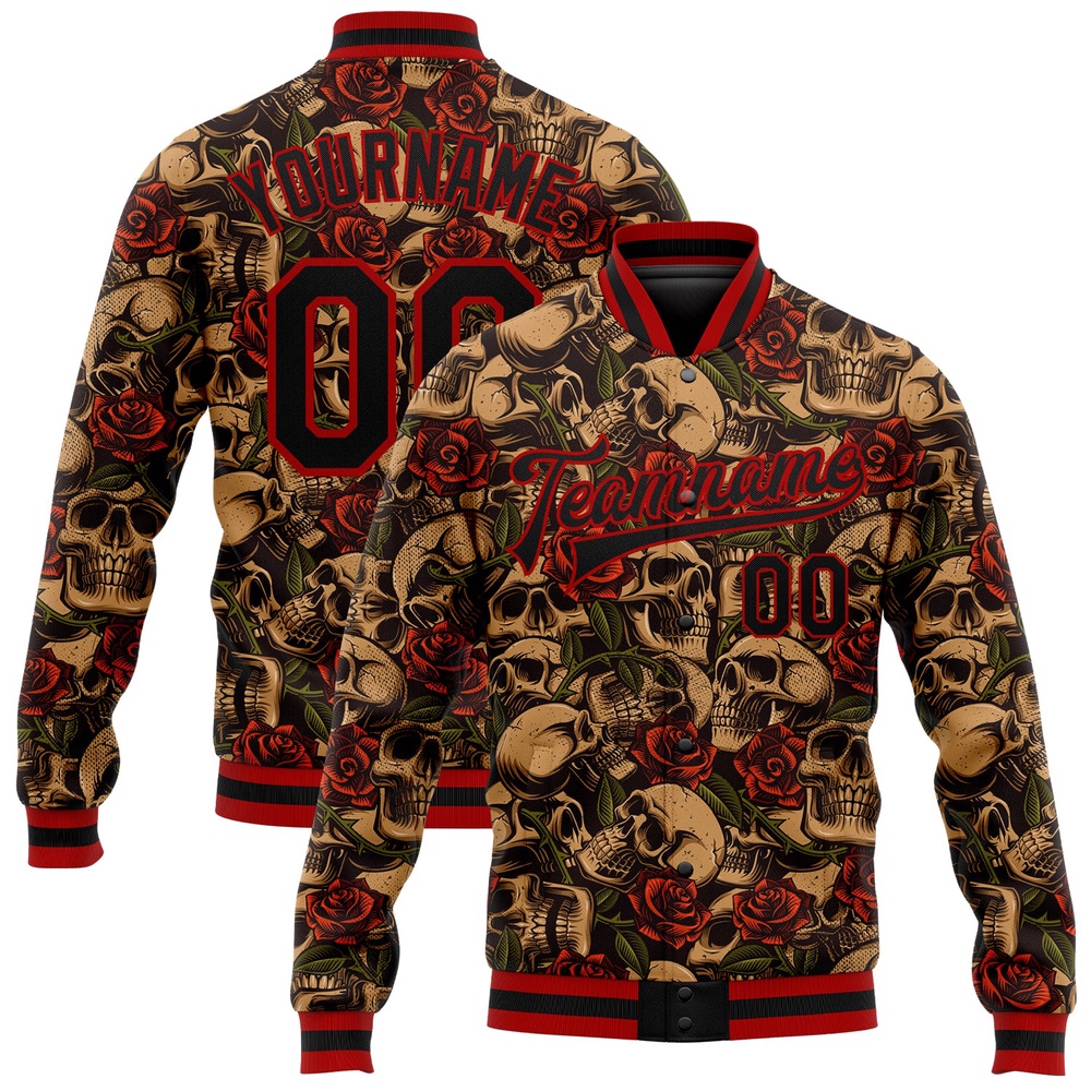 Custom Black Red Rose Skull Fashion 3D Bomber Full Snap Baseball Jacket, Custom Team Jacket Custom Black Red Rose Skull Fashion 3D Bomber Full Snap Baseball Jacket, Custom Team Jacket