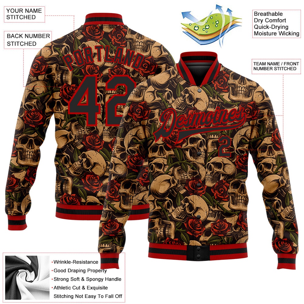 Custom Black Red Rose Skull Fashion 3D Bomber Full Snap Baseball Jacket, Custom Team Jacket Custom Black Red Rose Skull Fashion 3D Bomber Full Snap Baseball Jacket, Custom Team Jacket