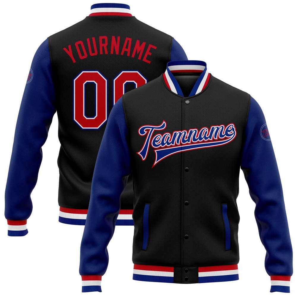 Custom Black Red Royal Bomber Full Snap Varsity Baseball Jacket, Custom Team Jacket Custom Black Red Royal Bomber Full Snap Varsity Baseball Jacket, Custom Team Jacket