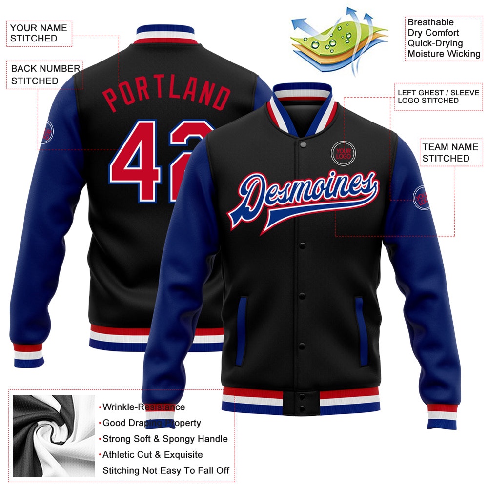 Custom Black Red Royal Bomber Full Snap Varsity Baseball Jacket, Custom Team Jacket Custom Black Red Royal Bomber Full Snap Varsity Baseball Jacket, Custom Team Jacket