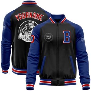 Custom Black Red Royal Bomber Varsity Baseball…