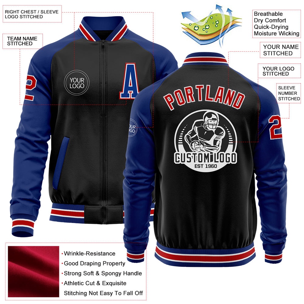 Custom Black Red Royal Bomber Varsity Baseball Jacket, Custom Team Jacket