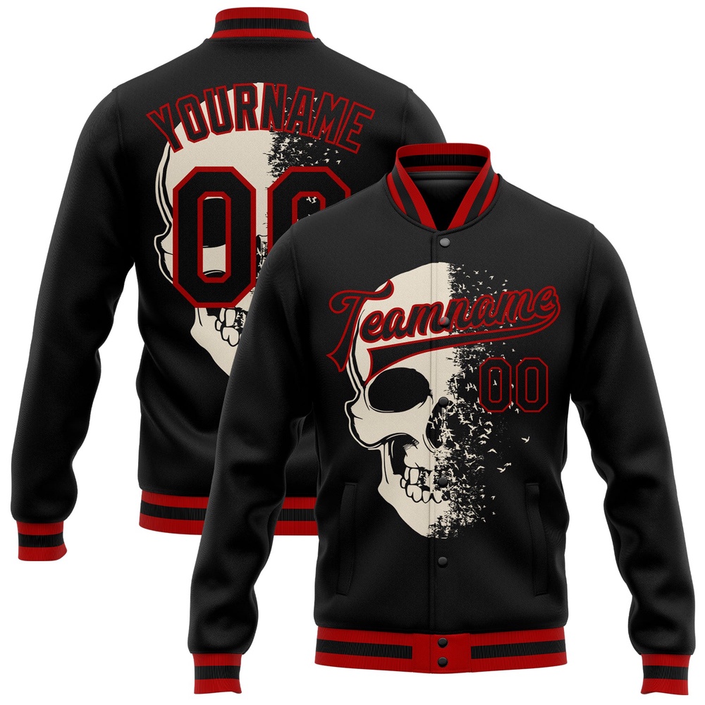 Custom Black Red Skull Fashion 3D Bomber Full Snap Baseball Jacket, Custom Team Jacket Custom Black Red Skull Fashion 3D Bomber Full Snap Baseball Jacket, Custom Team Jacket