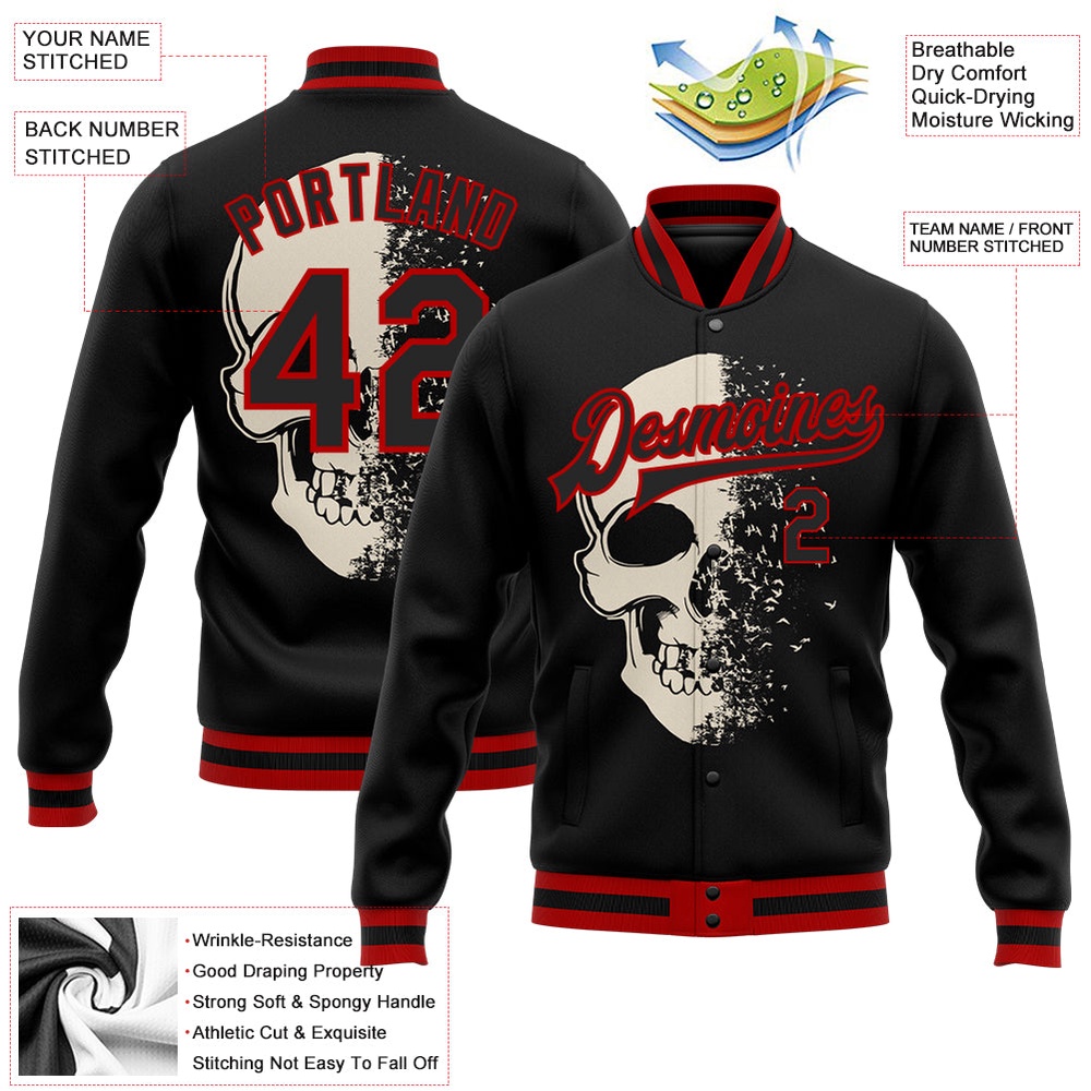 Custom Black Red Skull Fashion 3D Bomber Full Snap Baseball Jacket, Custom Team Jacket Custom Black Red Skull Fashion 3D Bomber Full Snap Baseball Jacket, Custom Team Jacket