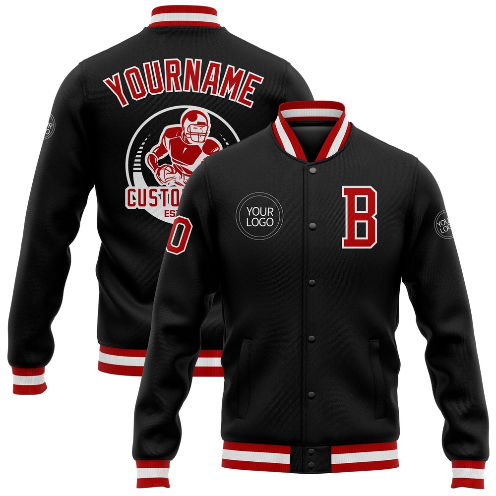 Custom Black Red White Bomber Full Snap Baseball Jacket, Custom Team Jacket