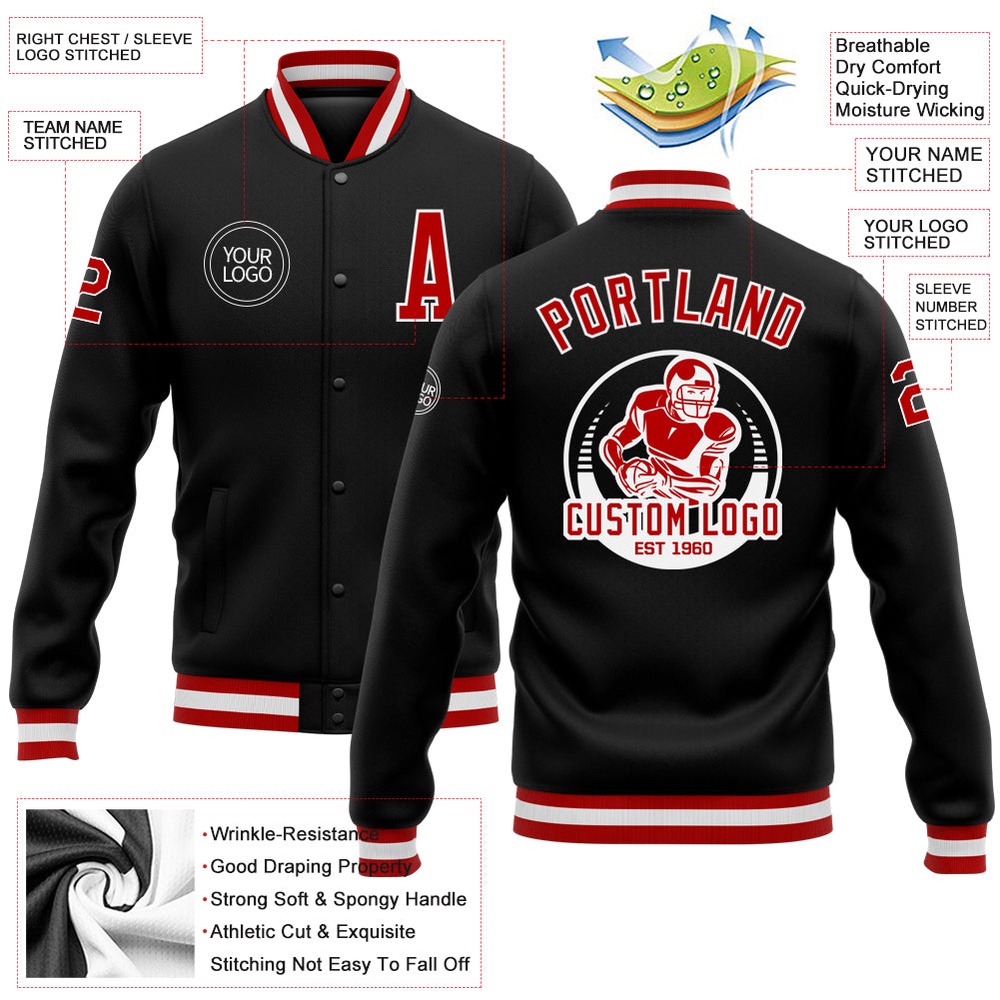 Custom Black Red White Bomber Full Snap Baseball Jacket, Custom Team Jacket