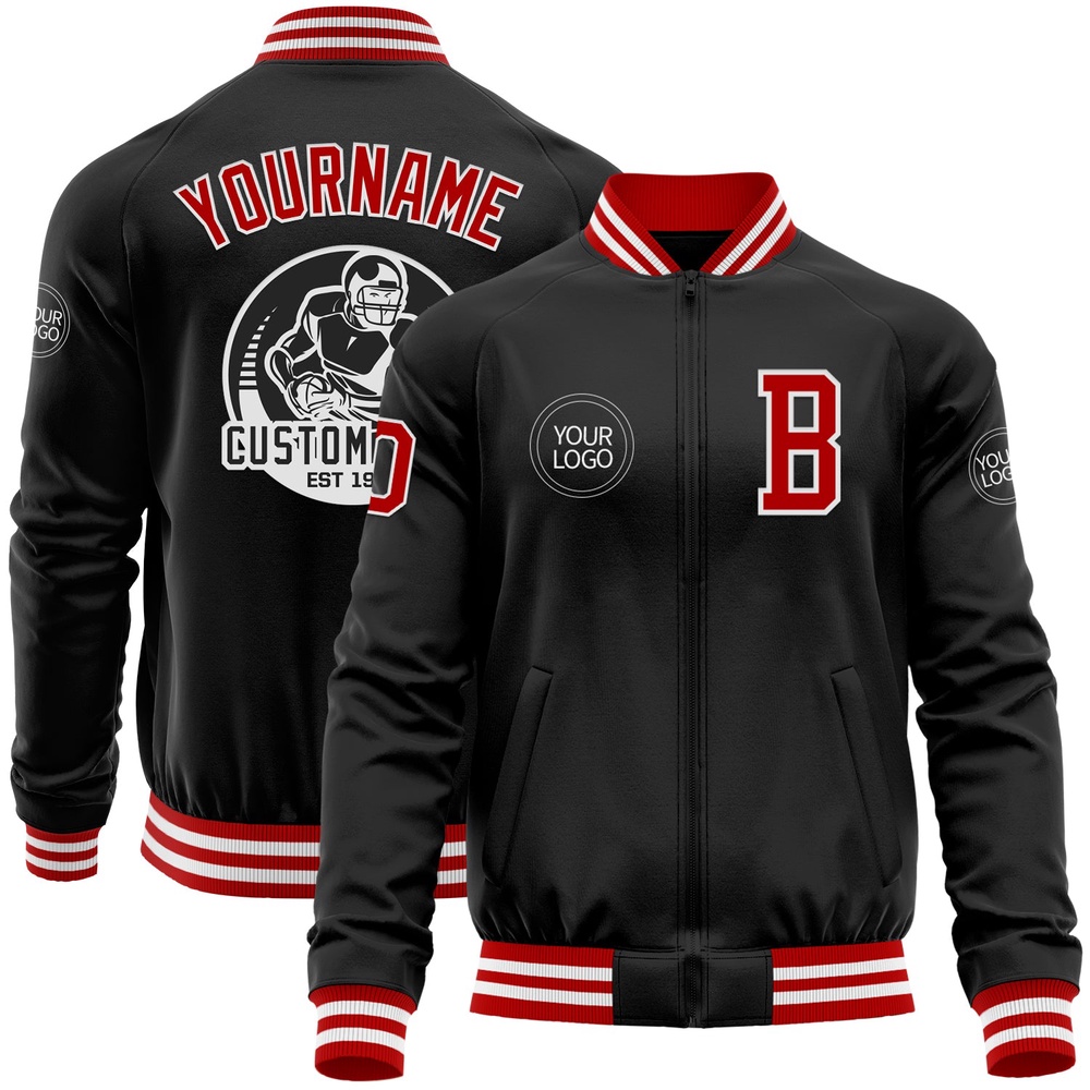 Custom Black Red White Bomber Varsity Baseball Jacket, Custom Team Jacket