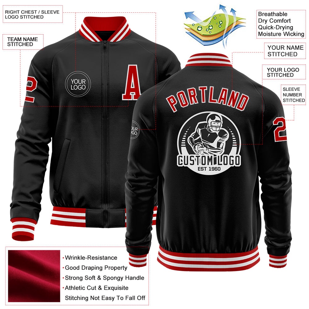 Custom Black Red White Bomber Varsity Baseball Jacket, Custom Team Jacket