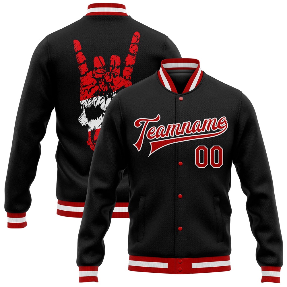 Custom Black Red White Skull Fashion 3D Bomber Full Snap Baseball Jacket, Custom Team Jacket Custom Black Red White Skull Fashion 3D Bomber Full Snap Baseball Jacket, Custom Team Jacket