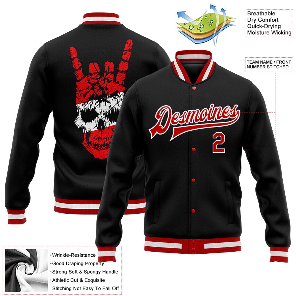 Custom Black Red White Skull Fashion 3D Bomber Full Snap Baseball Jacket, Custom Team Jacket Custom Black Red White Skull Fashion 3D Bomber Full Snap Baseball Jacket, Custom Team Jacket