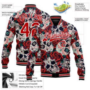 Custom Black Red White Skull With Flower 3D Bomber Full Snap Baseball Jacket Custom Team Jacket 2 ooexjk.jpg