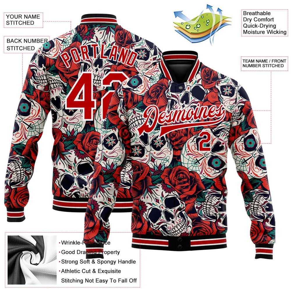 Custom Black Red White Skull With Flower 3D Bomber Full Snap Baseball Jacket, Custom Team Jacket