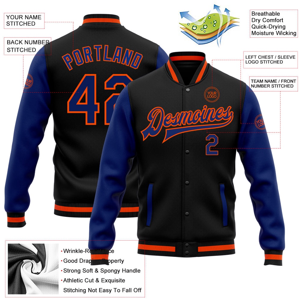 Custom Black Royal Orange Bomber Full Snap Varsity Baseball Jacket, Custom Team Jacket Custom Black Royal Orange Bomber Full Snap Varsity Baseball Jacket, Custom Team Jacket