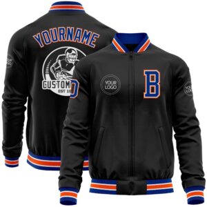 Custom Black Royal Orange Bomber Varsity Baseball…