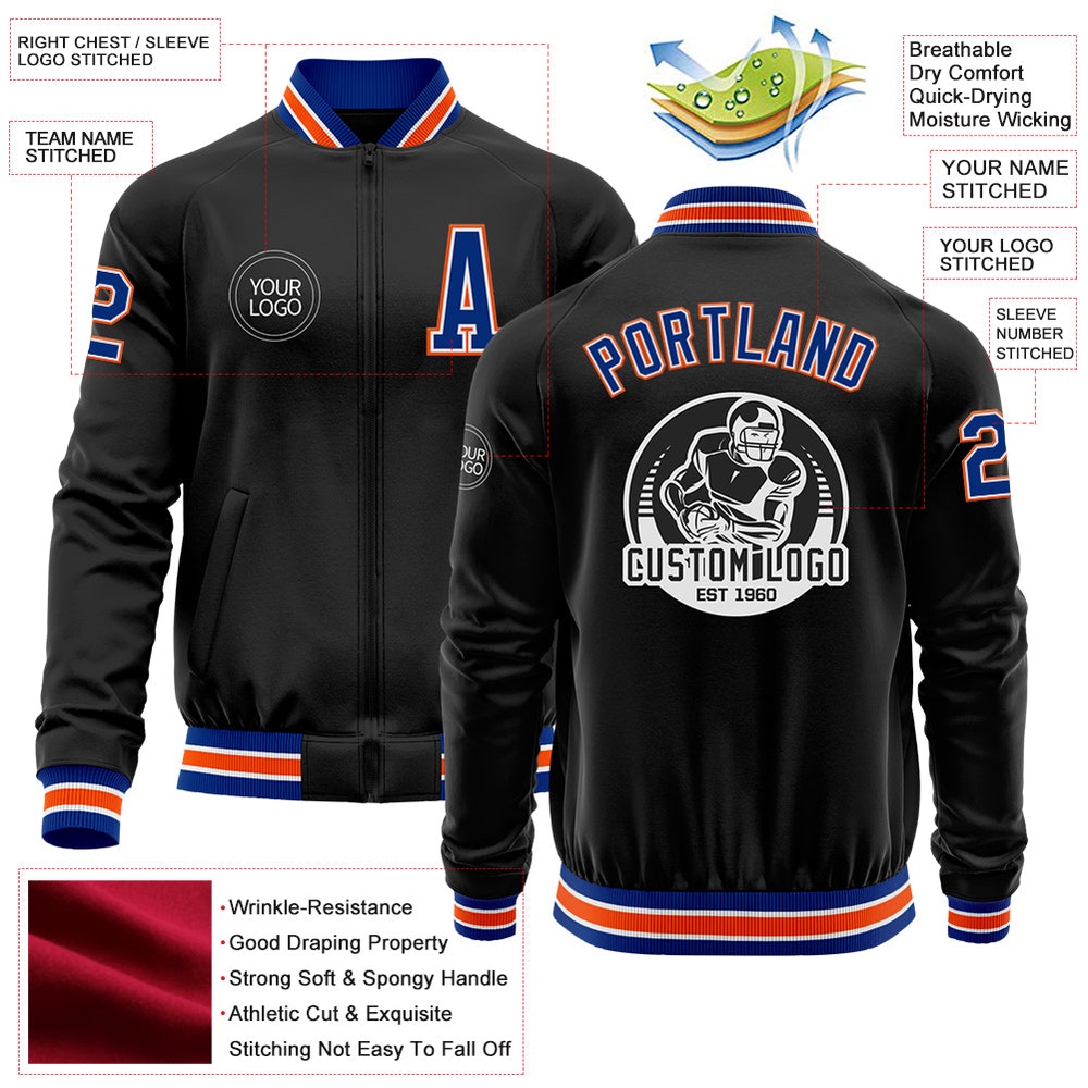 Custom Black Royal Orange Bomber Varsity Baseball Jacket, Custom Team Jacket Custom Black Royal Orange Bomber Varsity Baseball Jacket, Custom Team Jacket