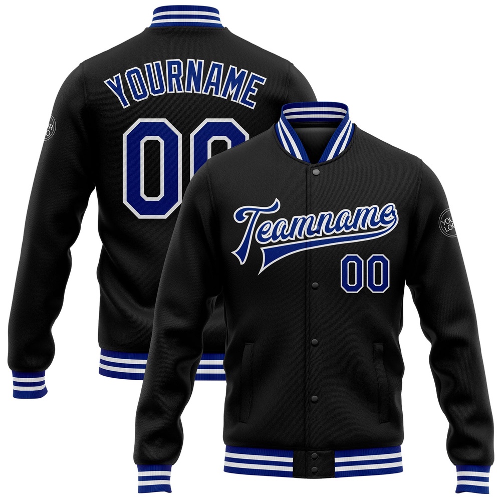 Custom Black Royal White Bomber Full Snap Baseball Jacket, Custom Team Jacket Custom Black Royal White Bomber Full Snap Baseball Jacket, Custom Team Jacket