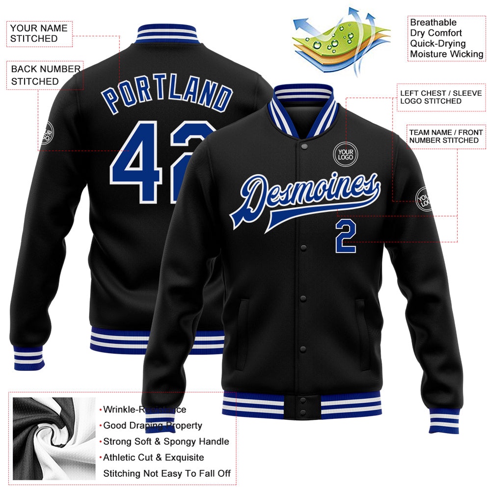 Custom Black Royal White Bomber Full Snap Baseball Jacket, Custom Team Jacket Custom Black Royal White Bomber Full Snap Baseball Jacket, Custom Team Jacket