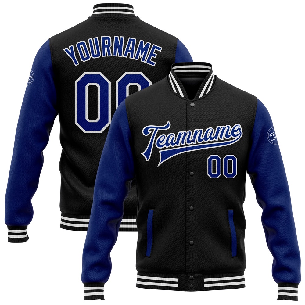 Custom Black Royal White Bomber Full Snap Varsity Baseball Jacket, Custom Team Jacket Custom Black Royal White Bomber Full Snap Varsity Baseball Jacket, Custom Team Jacket