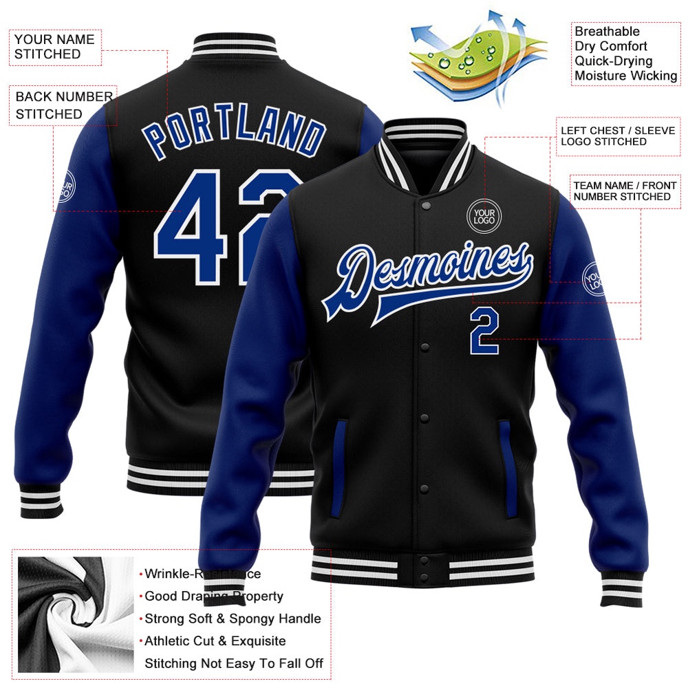 Custom Black Royal White Bomber Full Snap Varsity Baseball Jacket, Custom Team Jacket Custom Black Royal White Bomber Full Snap Varsity Baseball Jacket, Custom Team Jacket