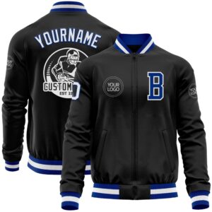 Custom Black Royal White Bomber Varsity Baseball…