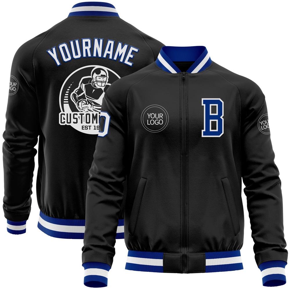 Custom Black Royal White Bomber Varsity Baseball Jacket, Custom Team Jacket Custom Black Royal White Bomber Varsity Baseball Jacket, Custom Team Jacket