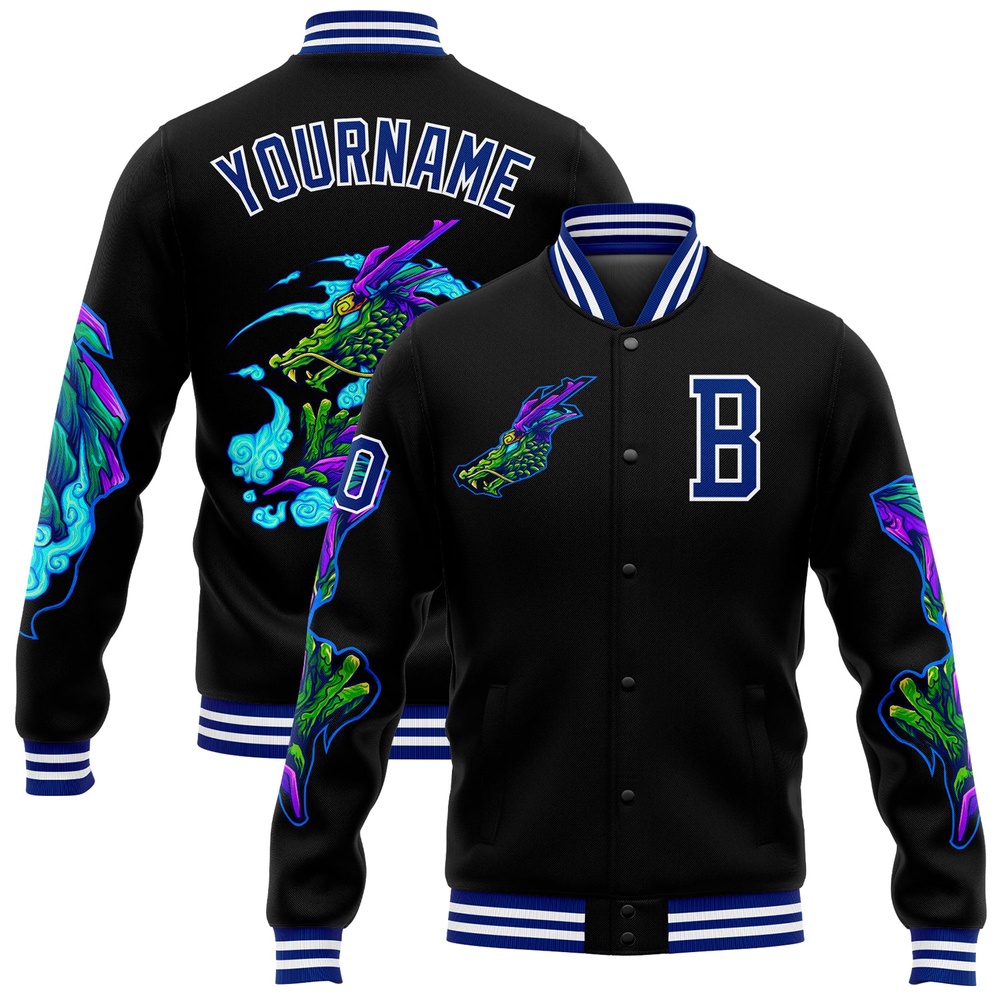 Custom Black Royal White Dragon 3D Pattern Design Bomber Full Snap Baseball Jacket, Custom Team Jacket