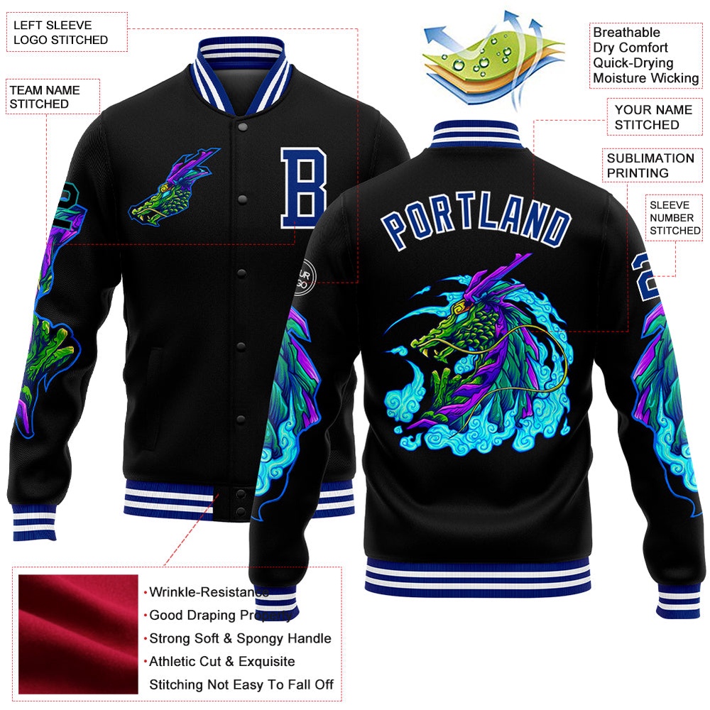 Custom Black Royal White Dragon 3D Pattern Design Bomber Full Snap Baseball Jacket, Custom Team Jacket